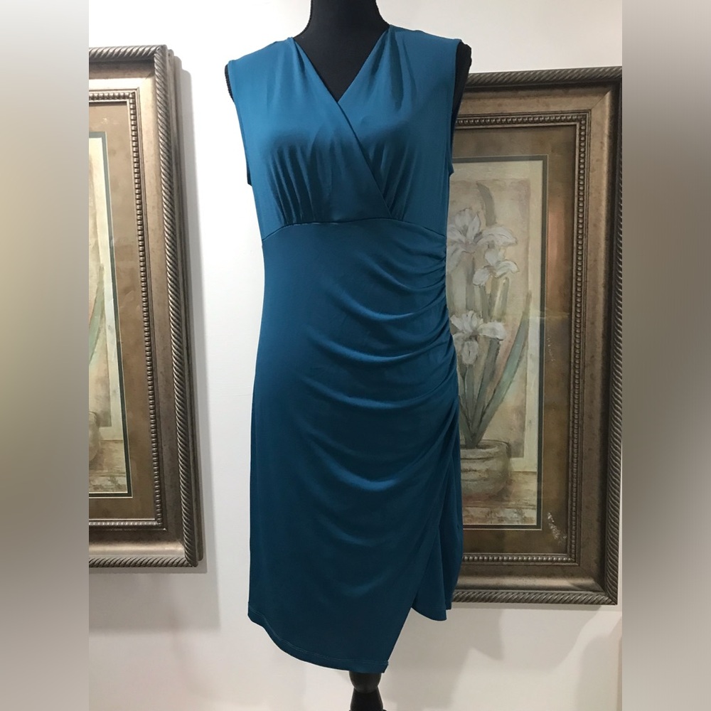 Sleeveless Teal Faux-Wrap Sheath Dress